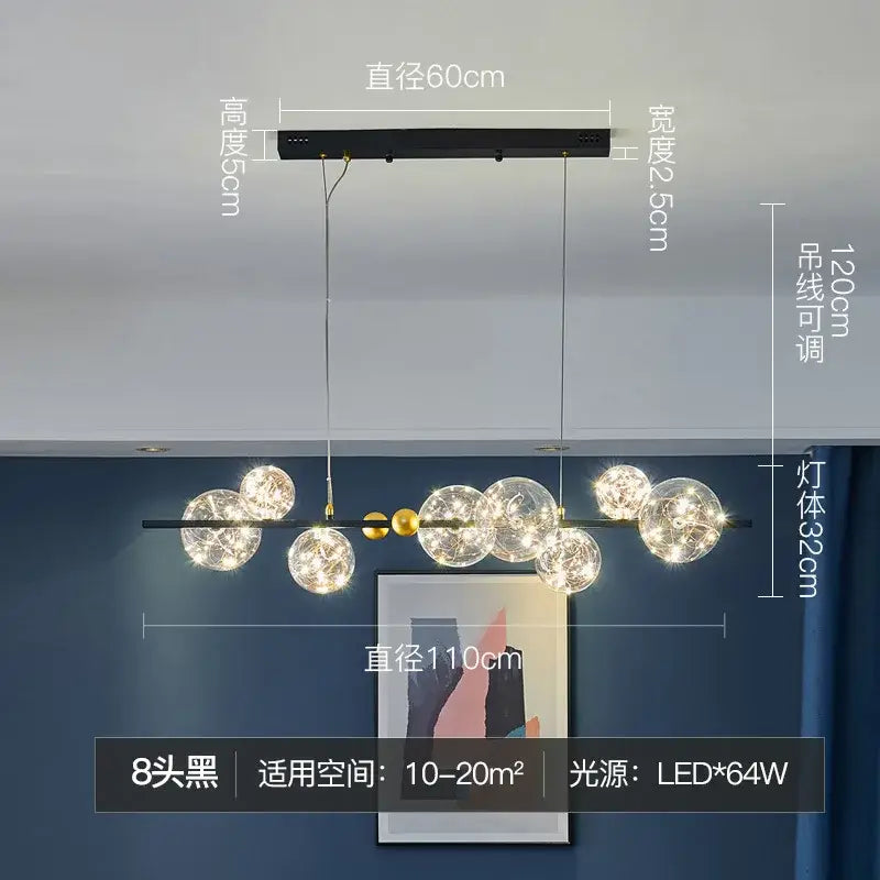 Modern black metal chandelier with eight clear glass globes and gold accents for dining room decorbites glass bubble led