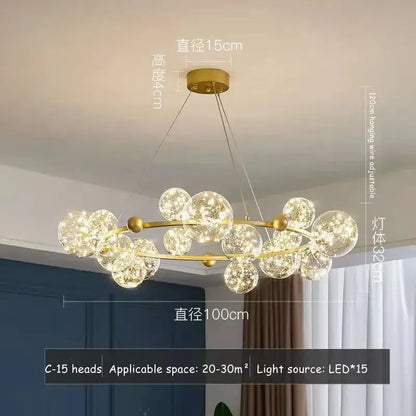Modern gold glass bubble led chandelier with 15 clear glass spheres on circular frame for dining room decorbites glass bubble