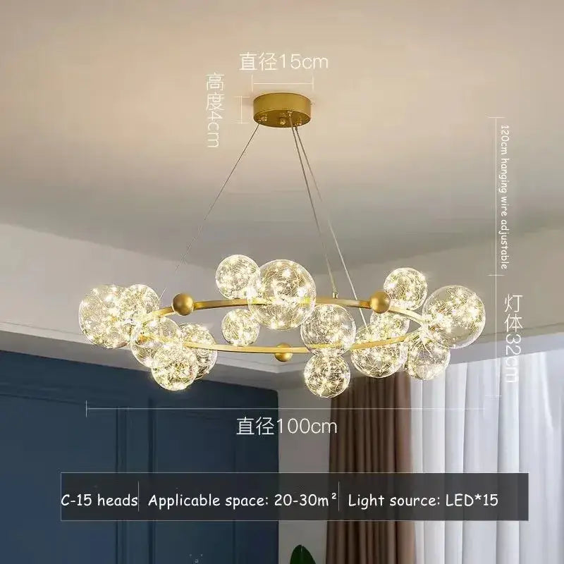 Modern gold glass bubble led chandelier with 15 clear glass spheres on circular frame for dining room decorbites glass bubble