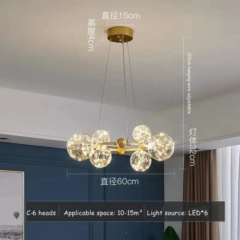 Modern gold glass bubble led chandelier with six spherical glass globes and visible led filaments for dining room decorbites glass bubble