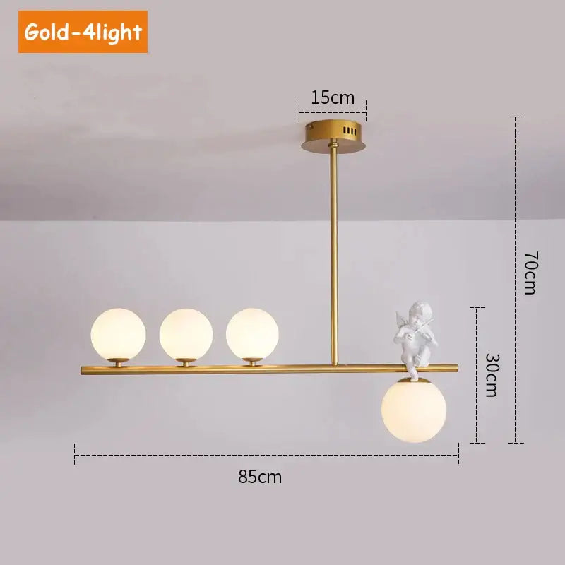 Modern gold glass bubble pendant light with four frosted glass bulbs and a white cherub decorbites glass bubble detail