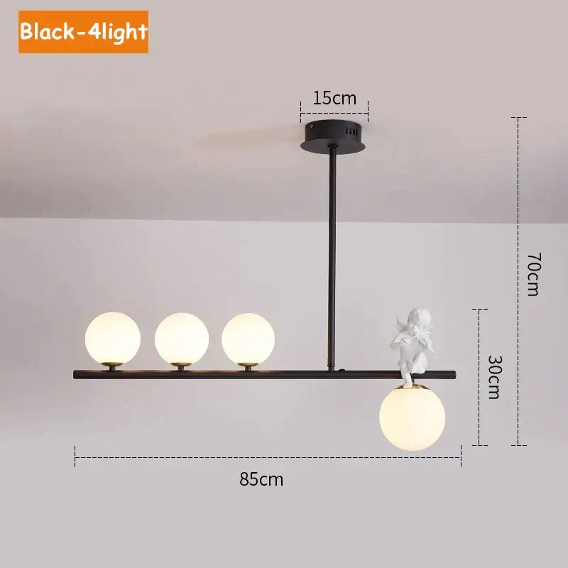 Black modern pendant light with four frosted glass bubble lights and white angel figurine for dining room decorbites glass bubble