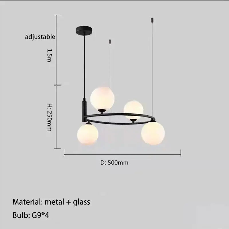 Modern black metal and glass chandelier g9 hanging light with four frosted globe bulbs for living room use