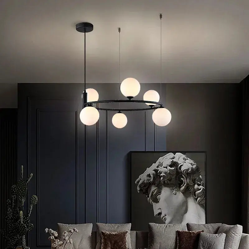 Modern black metal glass chandelier with six frosted glass globe bulbs chandelier g9 hanging light for living room