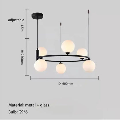 Modern gold glass chandelier g9 hanging light with six frosted globe bulbs for living room lighting