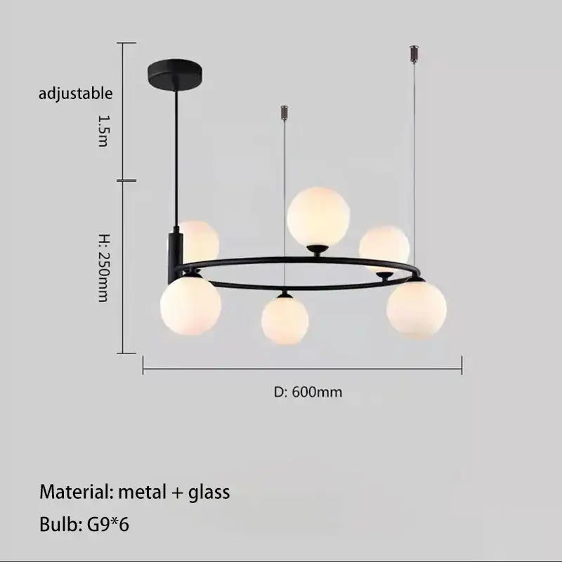 Modern gold glass chandelier g9 hanging light with six frosted globe bulbs for living room lighting