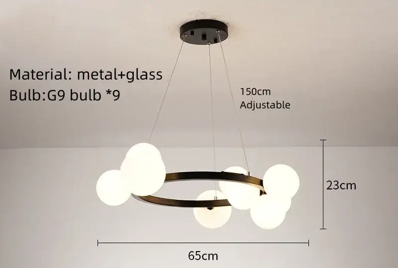 Modern black metal and glass chandelier g9 hanging light with nine glowing white spherical bulbs for living room