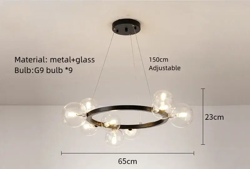 Black metal and glass chandelier g9 hanging light with nine bulbs for modern living room lighting