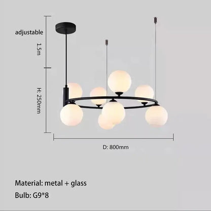 Modern black metal chandelier g9 hanging light with eight frosted glass globe bulbs for living room use