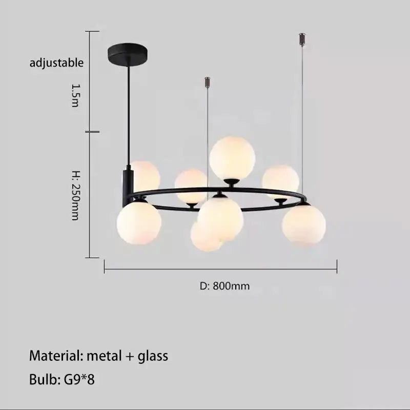 Modern black metal chandelier g9 hanging light with eight frosted glass globe bulbs for living room use