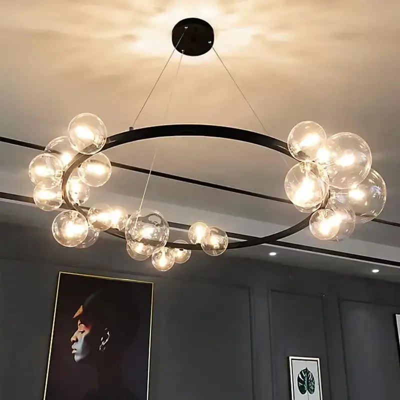 Modern black metal glass chandelier with clear globe bulbs arranged in a circular pattern for chandelier g9 hanging light