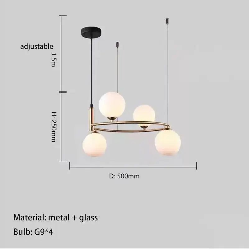 Modern brass-toned metal glass chandelier with four frosted globe bulbs chandelier g9 hanging light for living room