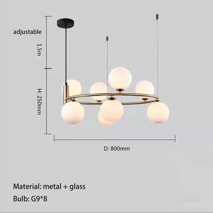 Modern gold glass chandelier g9 hanging light with brass-toned circular frame and eight frosted glass globe bulbs for living room