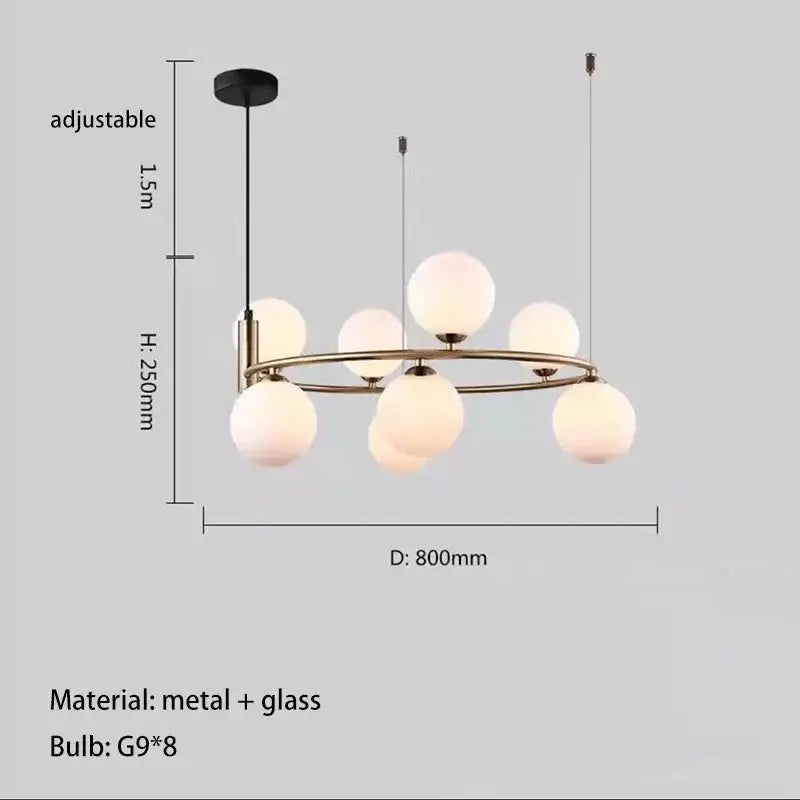 Modern gold glass chandelier g9 hanging light with brass-toned circular frame and eight frosted glass globe bulbs for living room