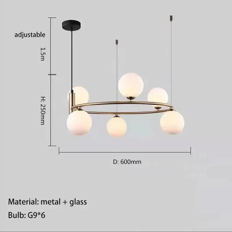 Modern brass-toned glass chandelier g9 hanging light with six frosted globe bulbs for living room lighting