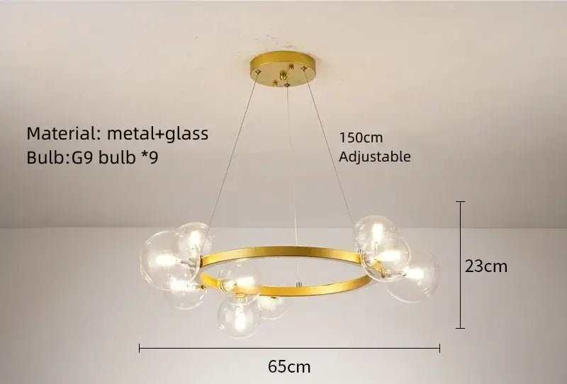 Modern gold glass chandelier g9 hanging light with nine clear glass globes arranged in a circular design for living room
