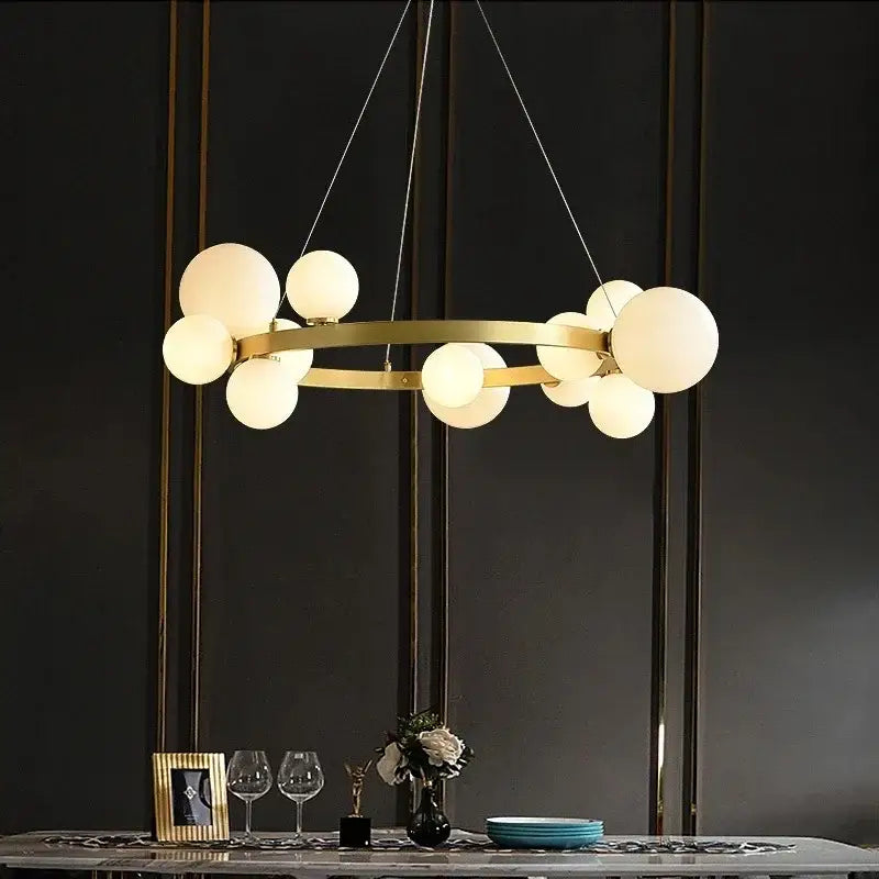 Modern gold glass chandelier g9 hanging light with frosted globe bulbs for living room illumination