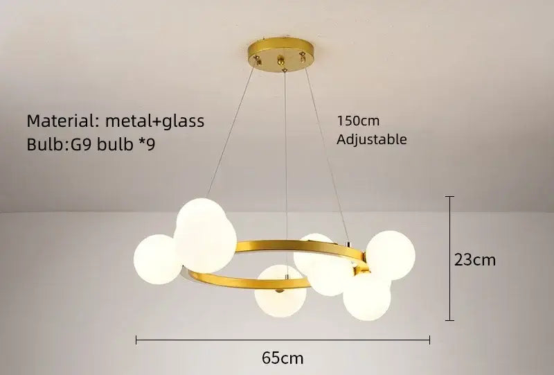 Modern gold glass chandelier g9 hanging light with frosted globe bulbs in a circular pattern for living room use