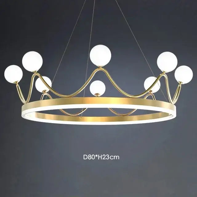 Modern gold glass crown chandelier pendant featuring multiple white spherical bulbs and a glowing circular base