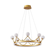 Modern gold glass crown chandelier with white spherical shades featuring a minimalist bedroom pendant light design