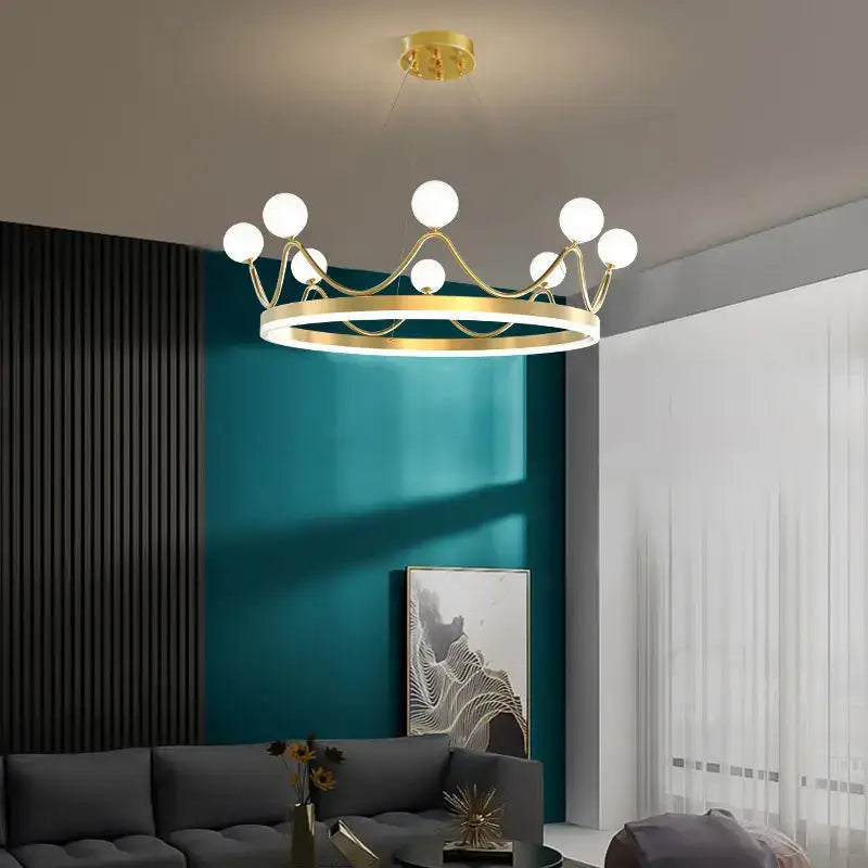 Modern gold glass crown chandelier with multiple white globe lights designed as a bedroom pendant light crown chandelier