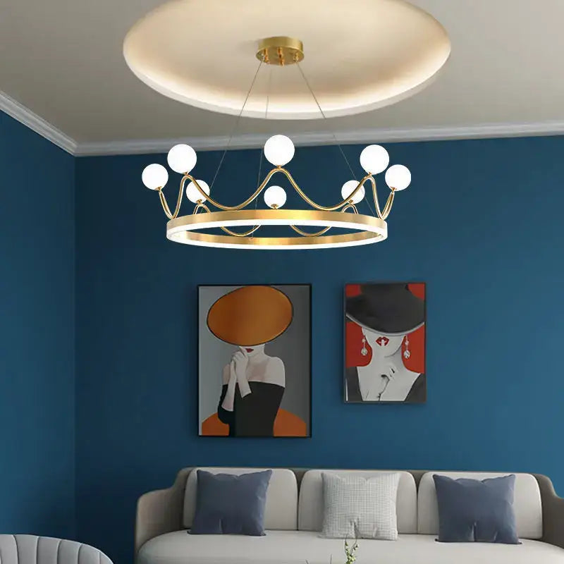 Modern gold glass crown chandelier with spherical white globe lights for bedroom pendant lighting