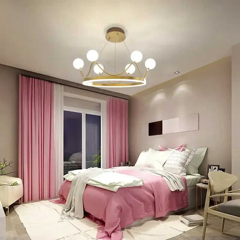 Modern gold glass crown chandelier with spherical bulbs and circular frame for bedroom pendant light