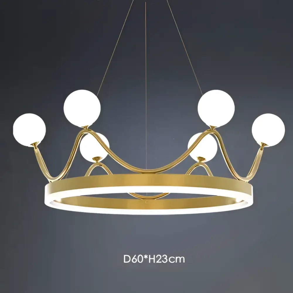 Modern gold glass crown chandelier pendant with six white spherical glass globe lights for bedroom lighting