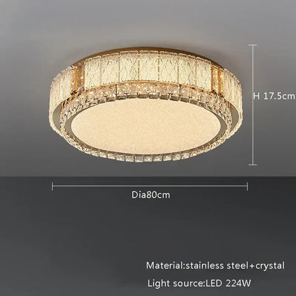 Modern gold glass crystal led ceiling lamp with circular gold-toned frame and two concentric clear crystal rings