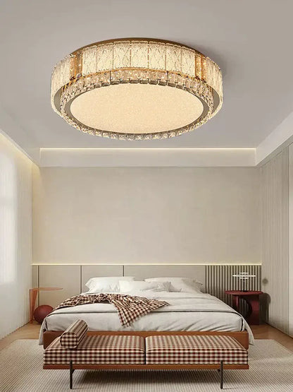 Modern gold glass crystal led ceiling lamp with faceted crystal tiers and illuminated central panel for living room