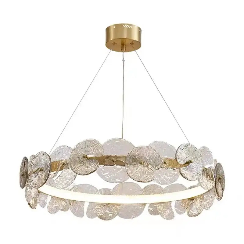 Modern gold glass flower led chandelier with textured glass discs in two rings for living room lighting