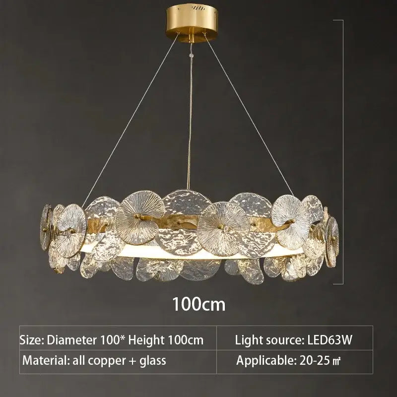 Modern gold glass flower led chandelier with copper frame and textured glass discs for living room lighting