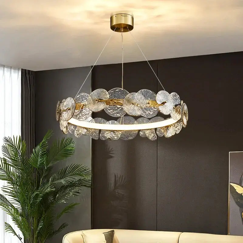 Modern gold glass flower led chandelier with translucent textured glass flower discs for living room lighting