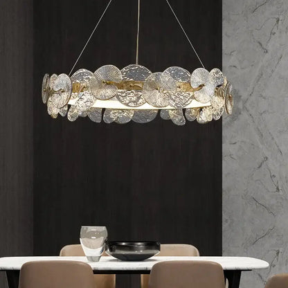 Modern gold glass flower led chandelier with translucent textured glass discs and metallic rim for living room lighting