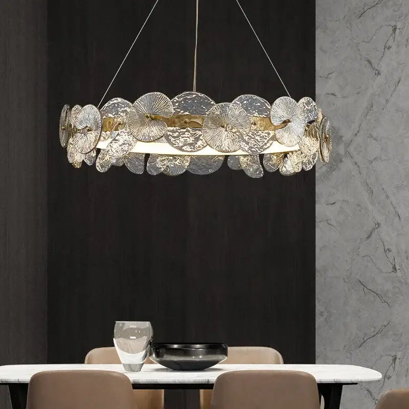 Modern gold glass flower led chandelier with translucent textured glass discs and metallic rim for living room lighting