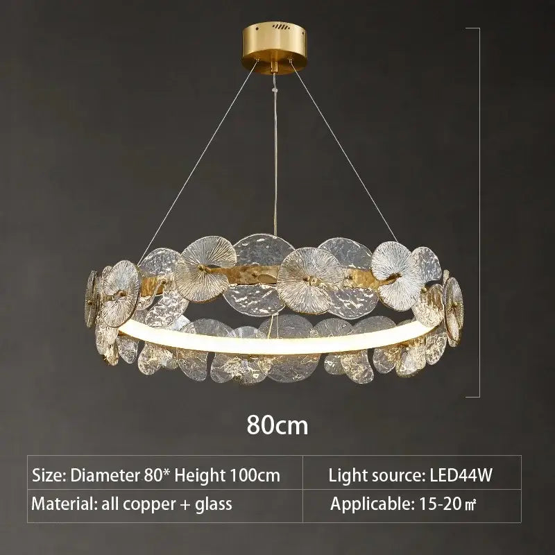 Modern gold glass flower led chandelier with translucent leaf-shaped glass discs and brass ceiling mount for living room