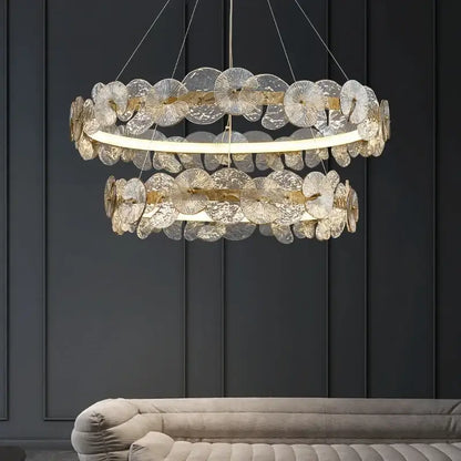 Modern gold glass flower led chandelier with double-tiered fan-shaped glass discs and warm lighting for living room