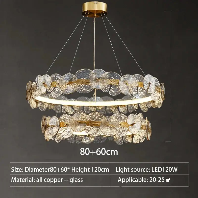 Modern gold glass flower led chandelier with double-ring design, clear textured glass discs, and copper framing for living room