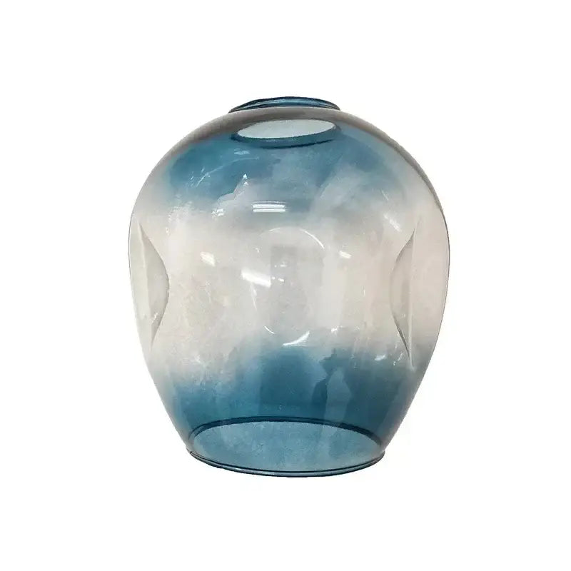 Modern gold glass led ceiling chandelier featuring a translucent blue gradient glass vase with etched patterns for dining room