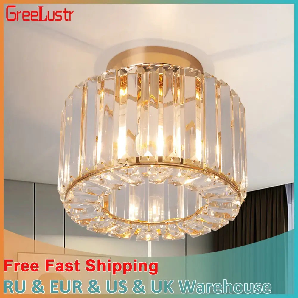 Modern gold glass led chandelier ceiling light featuring vertical and circular crystal prisms for dining room use
