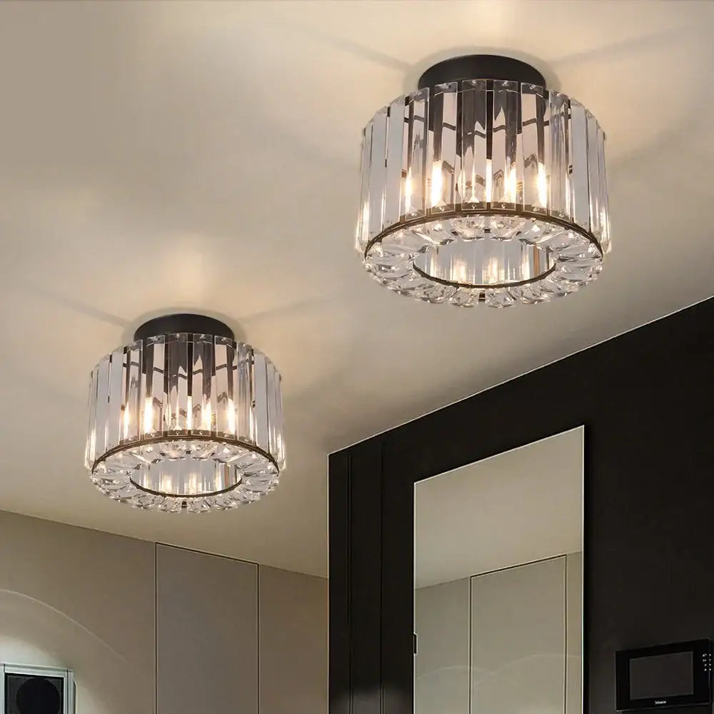 Modern gold glass led chandelier ceiling light with clear glass prisms and black metal base for dining room illumination
