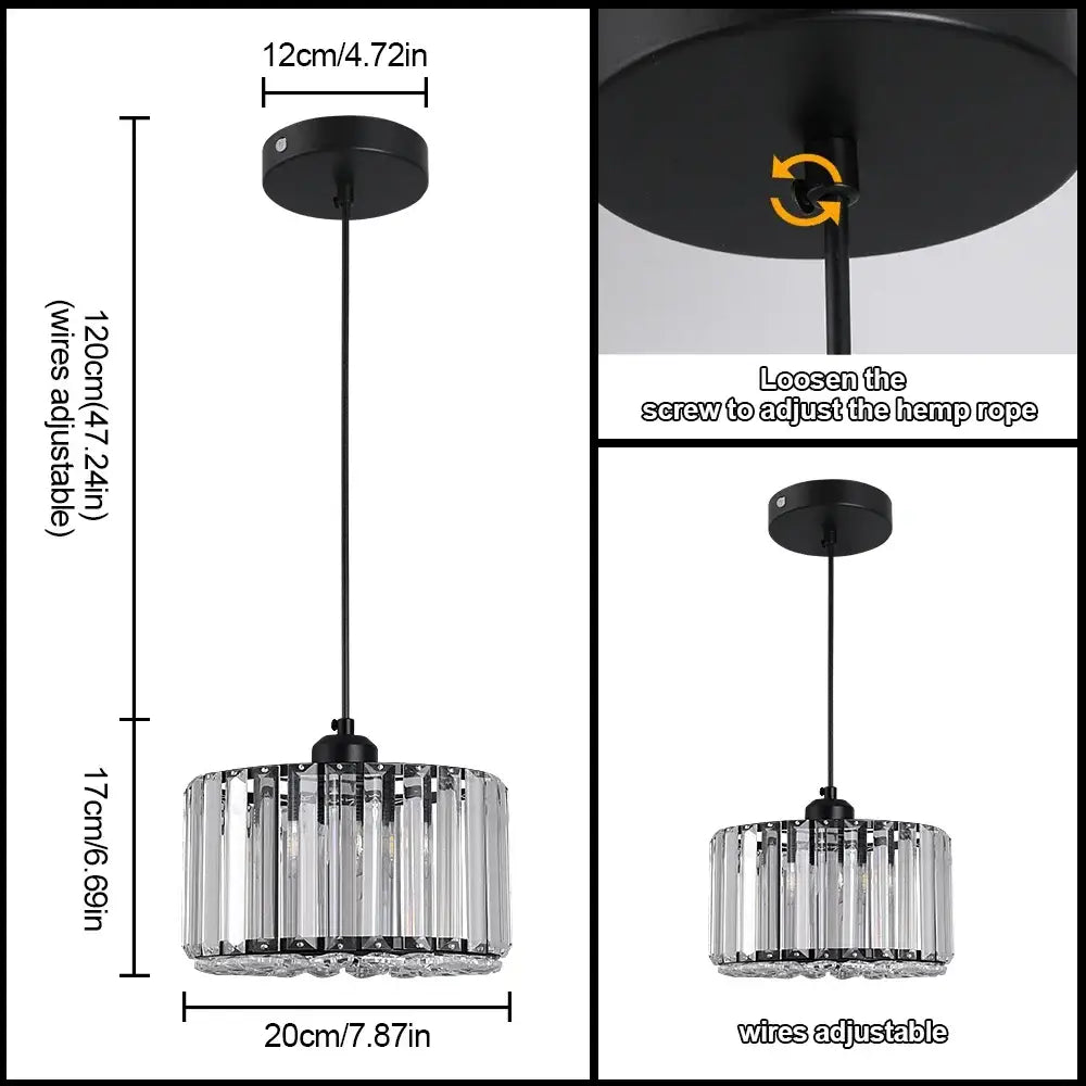 Black metal pendant glass led chandelier with clear crystal rods in a cylindrical frame for dining room ceiling light