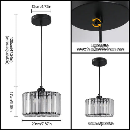 Black metal pendant glass led chandelier with clear crystal rods in a cylindrical frame for dining room ceiling light