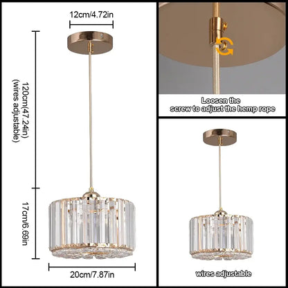 Modern gold glass led chandelier with clear crystal rods and adjustable hemp rope for dining room chandelier ceiling light
