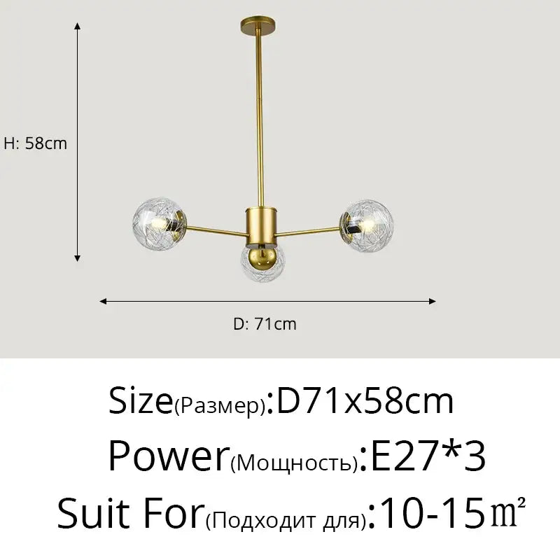 Modern gold glass led chandelier with three clear faceted globe bulbs for dining room and modern dining spaces