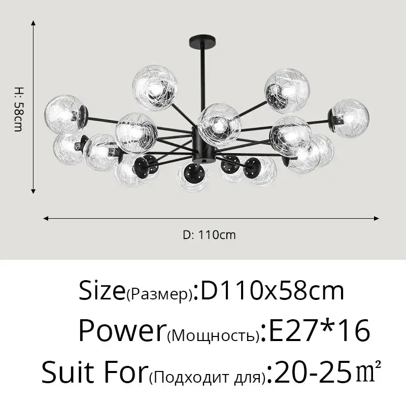 Modern gold glass led chandelier featuring 16 clear glass globe bulbs for dining room sphere pendant light