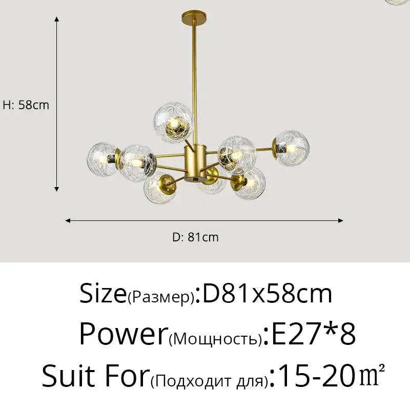 Modern gold glass led chandelier with eight clear glass globe bulbs and central brass fixture for dining room sphere pendant light