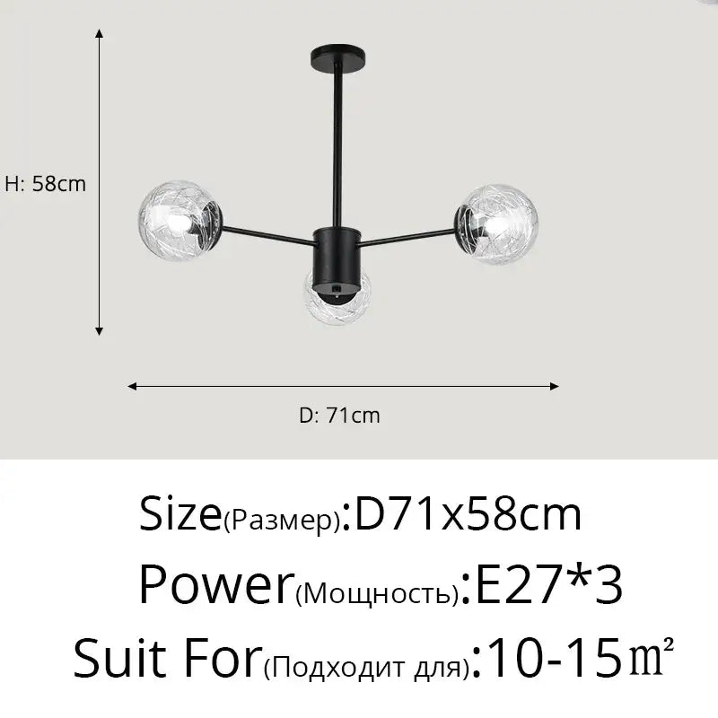 Black modern led chandelier with three clear textured glass globe shades for dining room sphere pendant light
