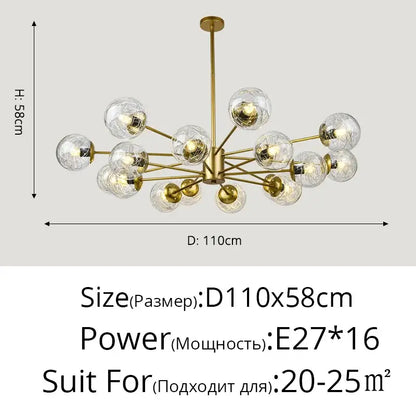 Modern gold glass led chandelier with 16 textured globe bulbs in radial design for modern dining room lighting