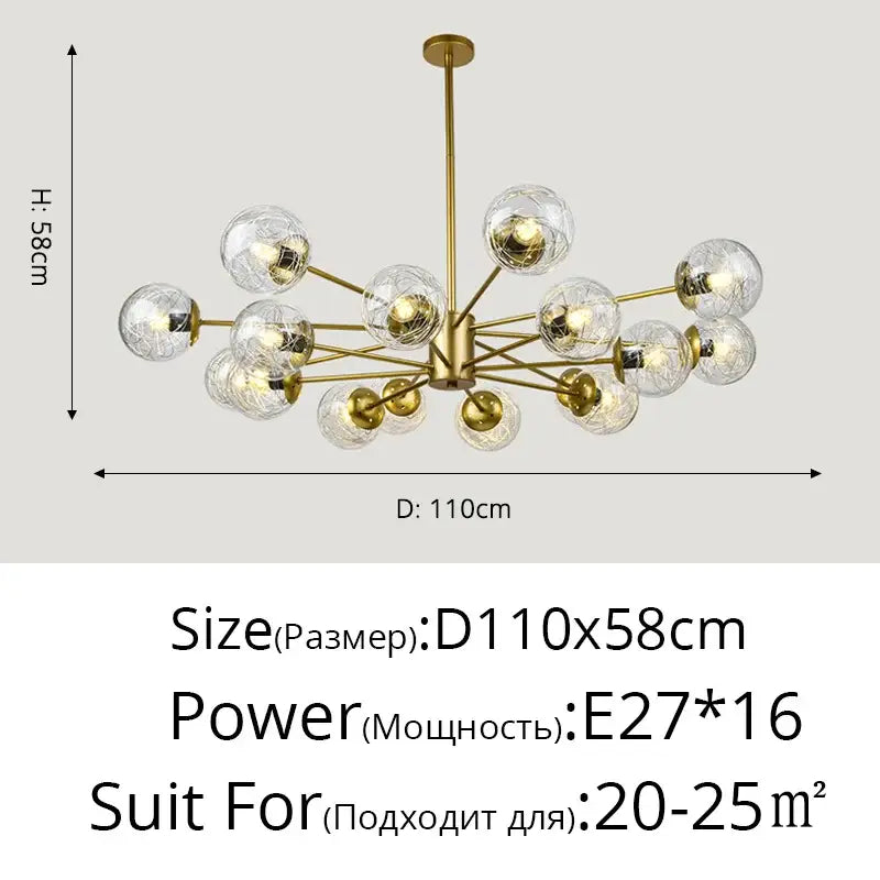 Modern gold glass led chandelier with 16 textured globe bulbs in radial design for modern dining room lighting